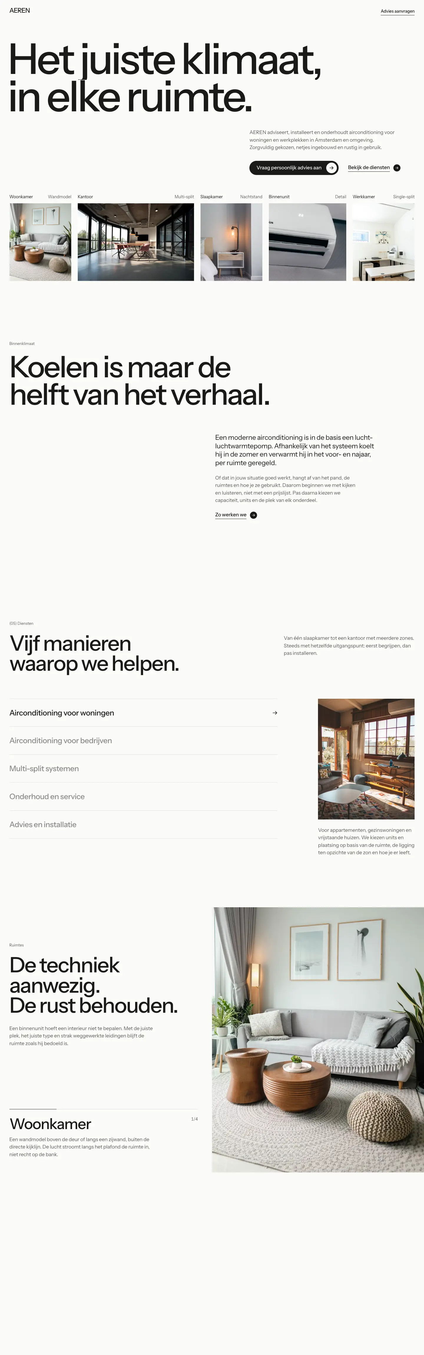 De volledige homepage van AEREN Klimaattechniek, van boven naar beneden