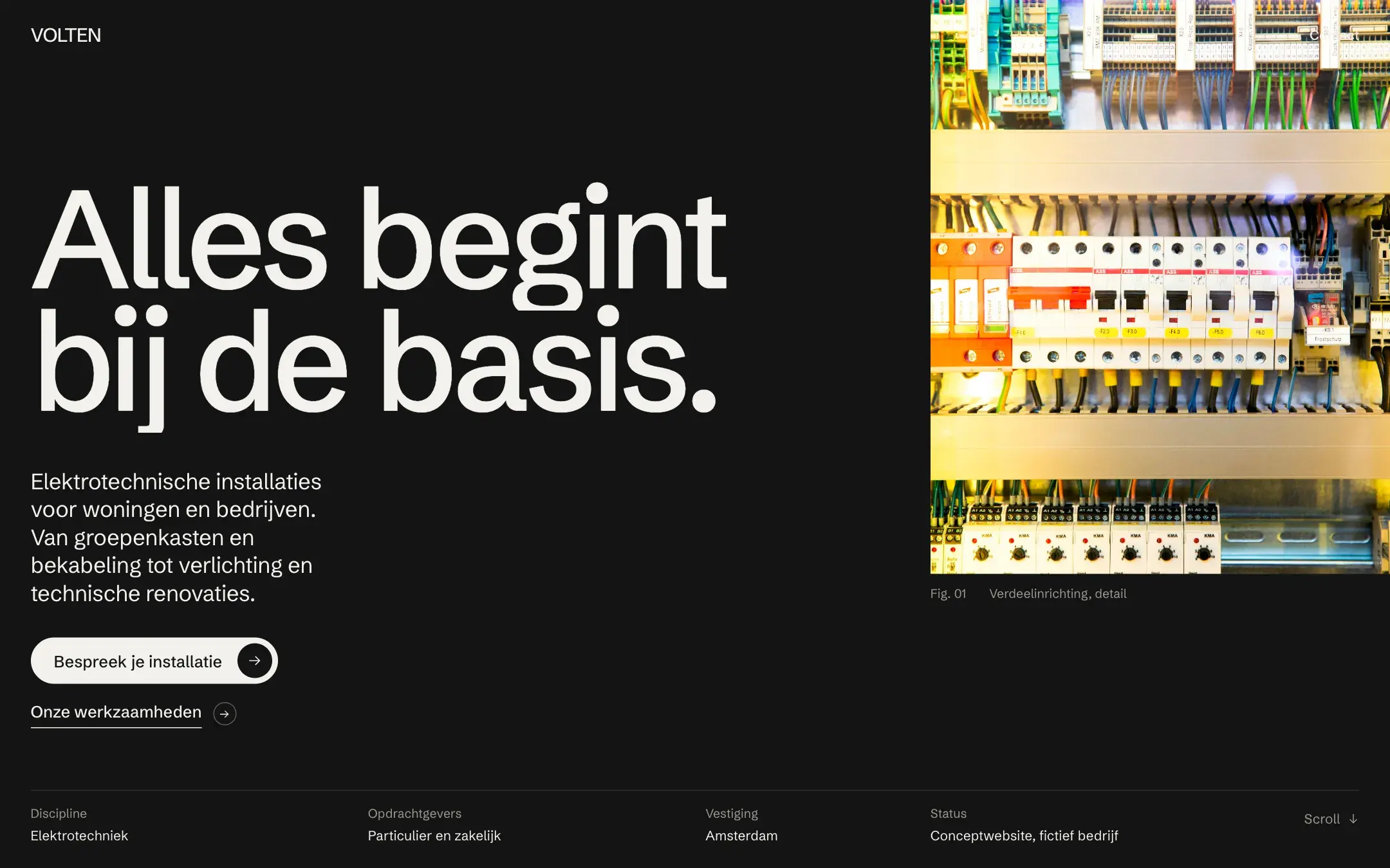 Homepage van VOLTEN Elektrotechniek, conceptwebsite voor elektrotechniek
